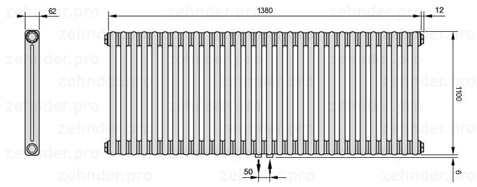 Схема (чертеж) Радиатор Zehnder Charleston 2110/30 №5410 Белый глянцевый RAL 9016